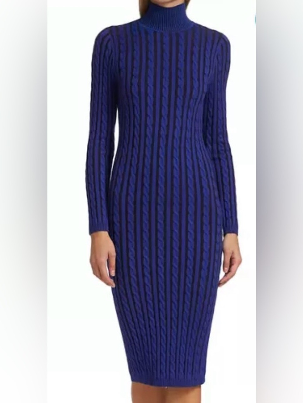 L’AGENCE Celia Blue Cable-Knit Turtleneck Midi Dress